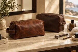 Brown leather Dopp kit and structured leather grooming case for a leather Dopp kit buying guide