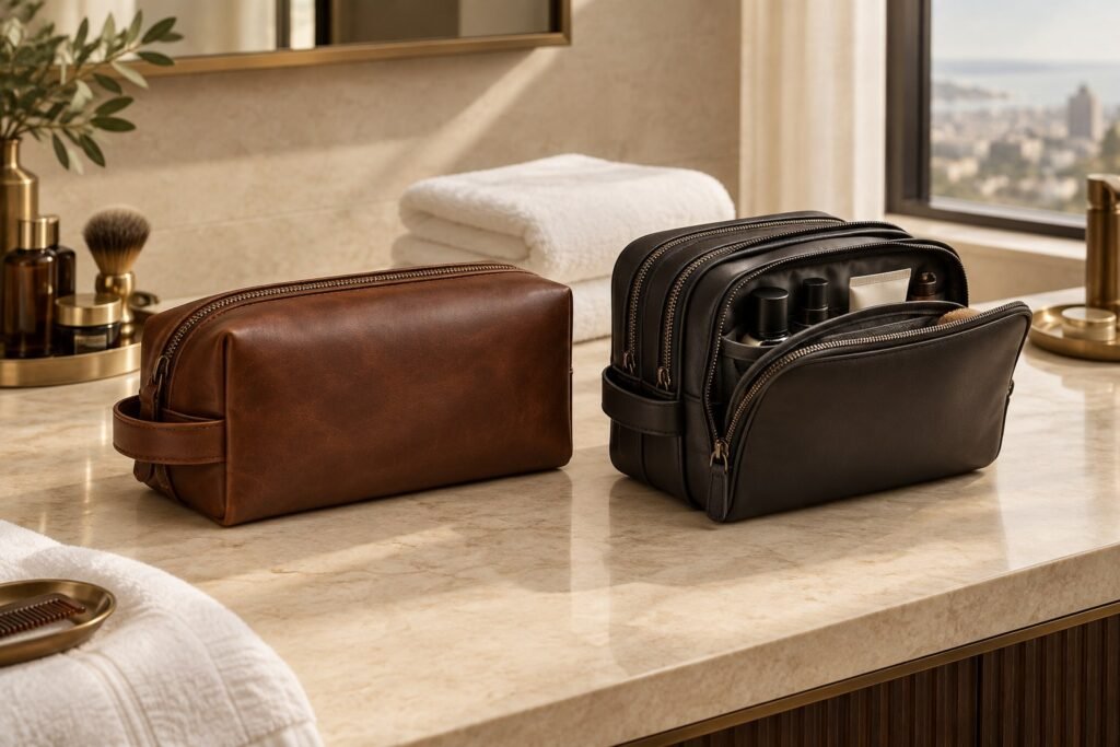 Classic leather Dopp kit beside a modern men's toiletry bag for a Dopp kit vs toiletry bag comparison guide