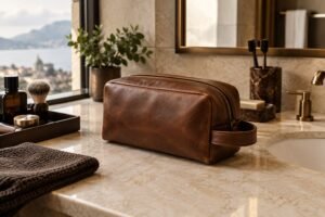 Classic men's leather Dopp kit on a hotel vanity for a guide explaining what a Dopp kit is