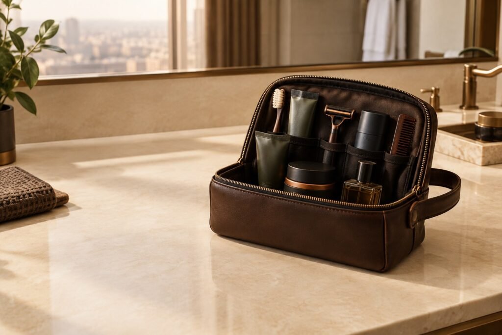 Men's Dopp kit packed with organized travel toiletries for a men's travel toiletries checklist