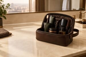 Men's Dopp kit packed with organized travel toiletries for a men's travel toiletries checklist