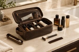 Men's travel toiletry bag with organized grooming essentials on a hotel vanity for a buying guide