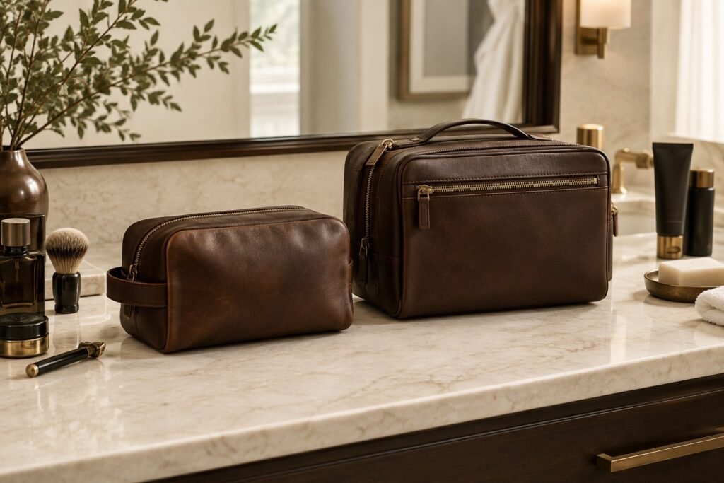 Small leather Dopp kit beside a large travel toiletry bag for a Dopp kit size comparison guide