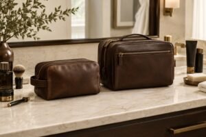 Small leather Dopp kit beside a large travel toiletry bag for a Dopp kit size comparison guide
